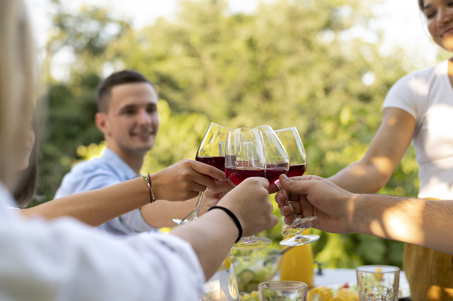 Imagen de varias personas brindando con copas de vino tinto